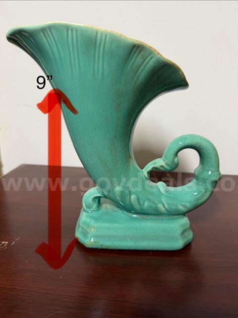 Vintage Teal Cornucopia Vase, Good Condition, Unauthenticated