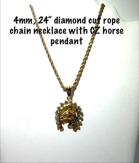 Beautiful, 4MM, 24”, Diamond Cut, Real 24k Gold Filled, Rope Chain W/CZ Horse Pendant