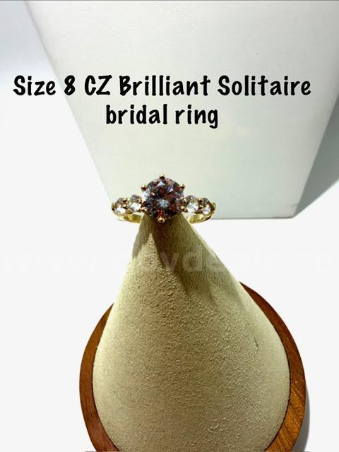 Ladies, Size 8, Beautiful, Real 24k Gold Filled, CZ Solitaire Bridal Ring, W/Accents