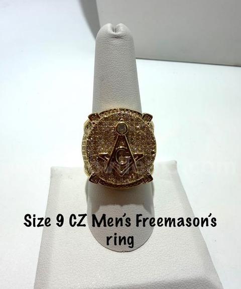 Gorgeous, Size 9, Mens, Real 24k Gold Filled, CZ, Freemason’s Ring