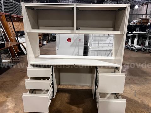 White Metal Desk with Overhead Cabinets