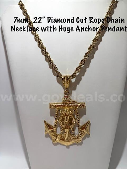 Gorgeous, 7MM, 22 Inch, Real 24k Gold Filled, Diamond Cut Rope Chain Necklace W/Large Anchor Pendant