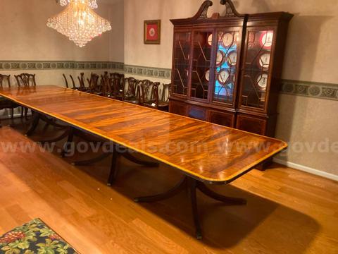 Large Wood Dining Table (in 4 sections), Wood Hutch, 20 Wood Padded Chairs