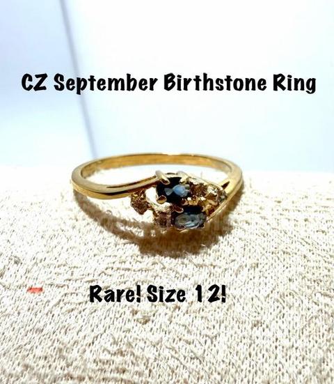 Rare, Size 12, Real 24k Gold Filled, CZ, September, Sapphire Birthstone Ring