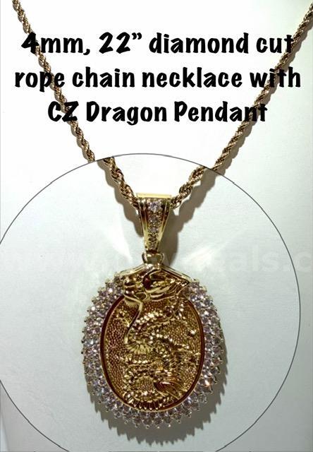Gorgeous, 4MM, 22 Inch, Real 24k Gold Filled, Diamond Cut Rope Chain W/CZ Dragon Pendant