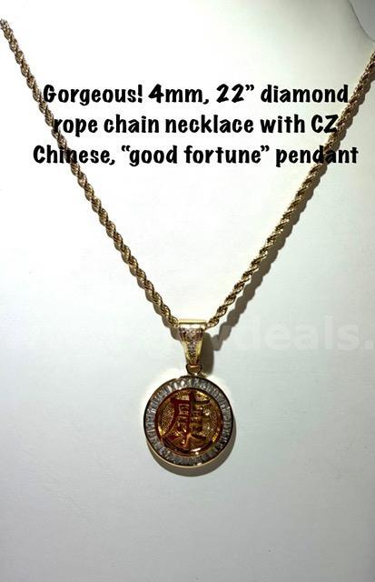 Gorgeous, 22 Inch, 4MM, Diamond Cut Rope Chain, W/CZ, Chinese “Good Fortune” Pendant