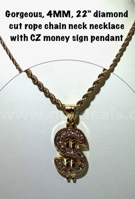 Beautiful 4MM, 22 Inch, Diamond Cut, Real 24k Gold Filled, Rope Chain, W/CZ Money Sign Pendant