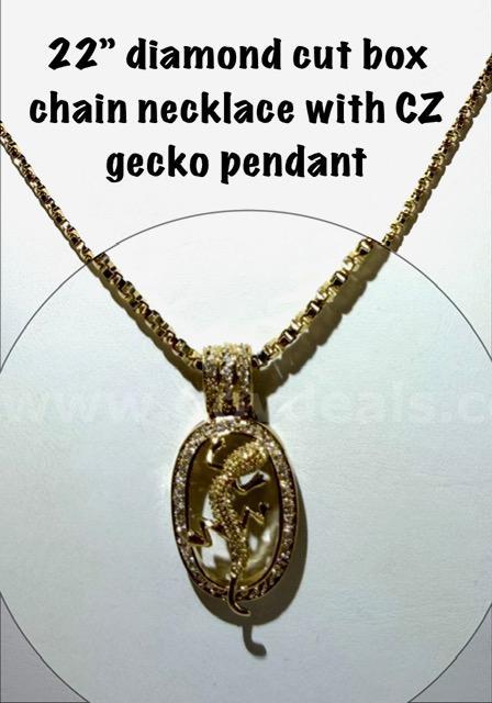 Beautiful, Diamond Cut, Real 24k Gold Filled, 22 Inch, Box Chain, W/CZ Gecko Pendant