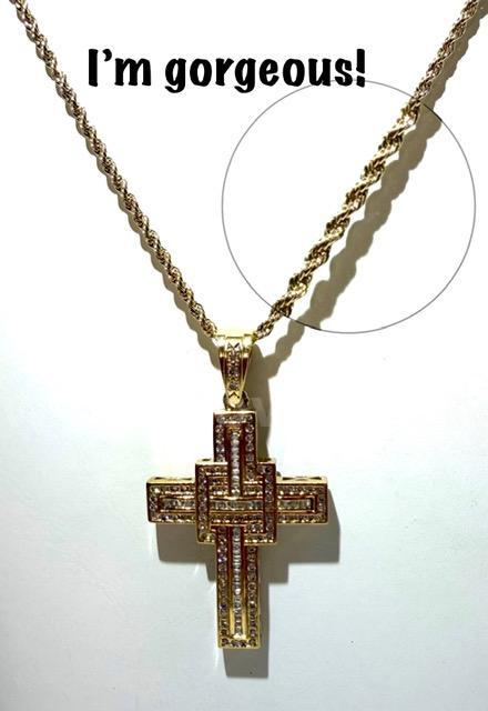 Gorgeous, 4MM, 22 Inch, Real 24k Gold Filled, Diamond Cut Rope Chain, W/Large CZ Cross Pendant