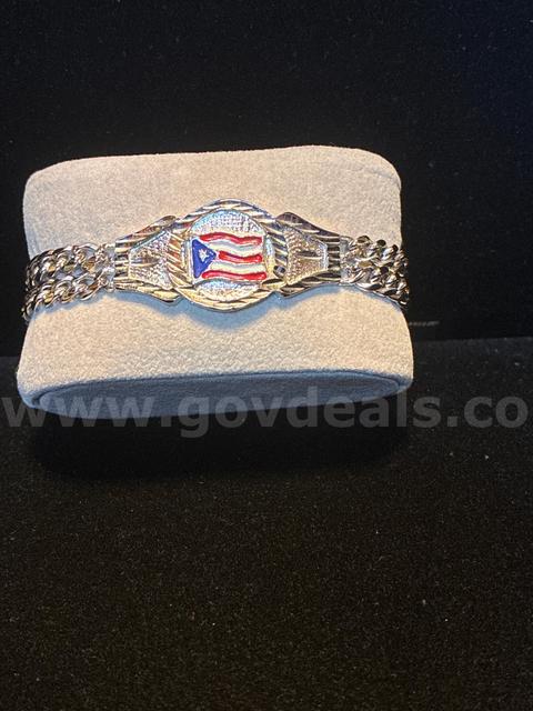 Gorgeous, Rhodium Clad (Silver), Men’s Puerto Rican Flag Double Curb-Link ID Bracelet.