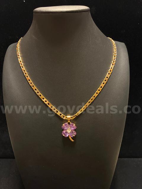 Elegant, 20” Roman Link Necklace W/February Birthstone CZ Four-Leaf Clover Penda
