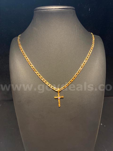 Elegant, 22” Roman Link Necklace W/October Birthstone CZ Cross Pendant, 24K Real Gold Filled.