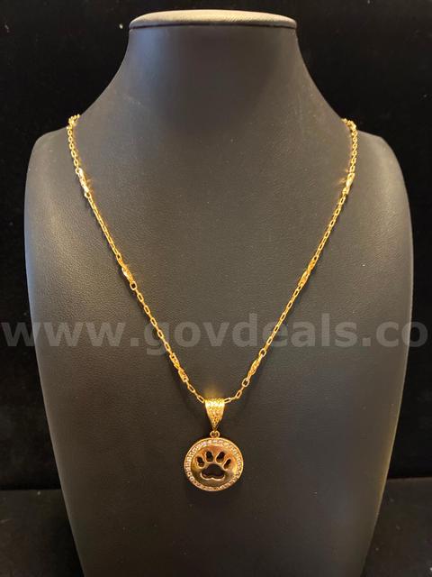 Elegant, Cubic Zirconia Paw Print W/ 24” Diamond-Cut Infinity Link Necklace, 24K Real Gold Filled.