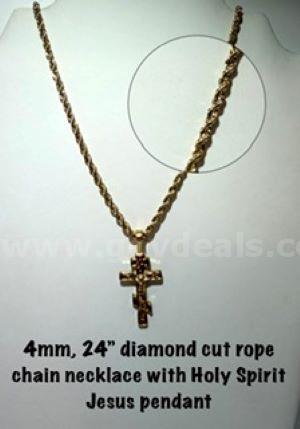 Beautiful, 4MM, 24 Inch, 24k Gold Filled, Diamond Cut Rope Chain, W/Holy Spirit Jesus Cross