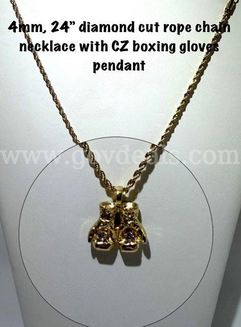Beautiful, 4MM, 24 Inch, Diamond Cut, 24k Gold Filled Chain, W/CZ Boxing Gloves Pendant