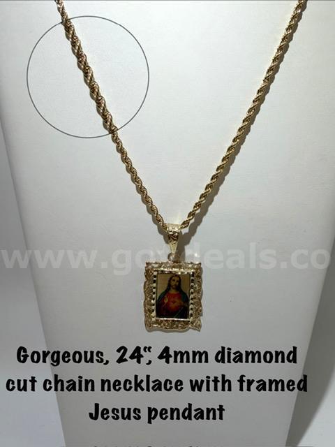 Gorgeous, 4MM, 24 Inch, Diamond Cut, 24k Gold Filled, Rope Chain, W/Framed Jesus Pendant