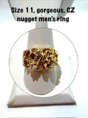 Beautiful, Men's, Size 11, 24k Gold Filled, 3 Stone, CZ Nugget Ring
