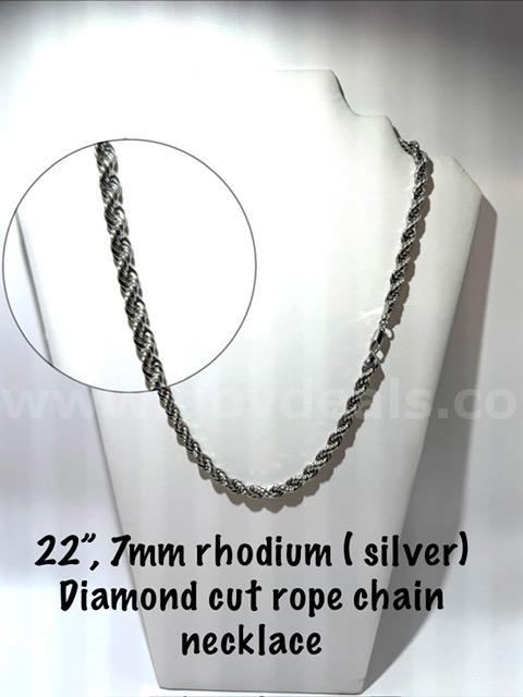 22 Inch, 7MM, Rhodium Clad (Silver), Diamond Cut Rope Chain Necklace
