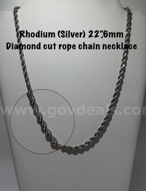 22 Inch, Rhodium Clad (Silver), 6MM, Diamond Cut Rope Chain Necklace