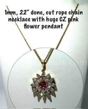 Stunning, 1MM, 22 Inch, 24k Gold Filled, Diamond Cut Rope Chain Necklace W/Large CZ Pink Flower Pendant