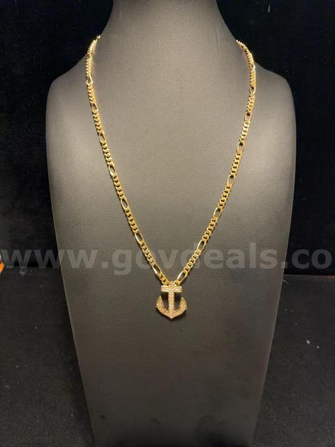 Dainty, 19” Figaro CZ Anchor Necklace, 24K Real Gold Filled.