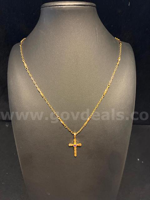 Dainty, 23” Diamond-Cut Station Chain Necklace W/ February CZ Birthstone Pendant, 24K Real Gold Filled.