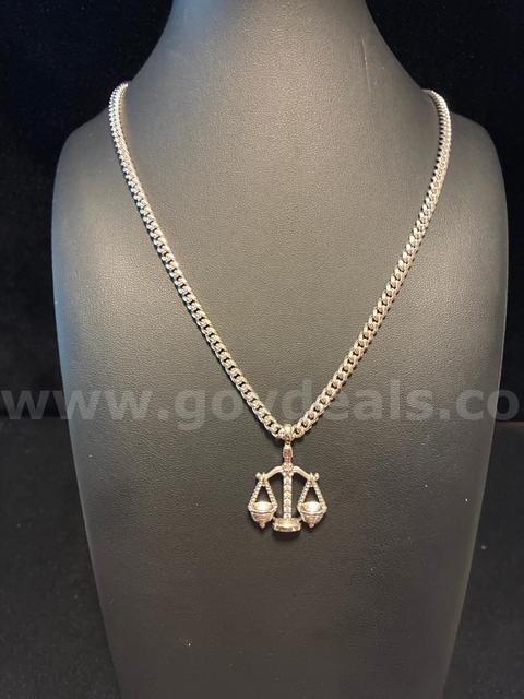 Gorgeous, Rhodium Clad (Silver) 20” Cuban Link Necklace W/ CZ Libra Zodiac Pendant.