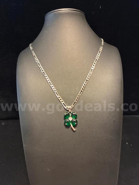 Lucky, Rhodium Clad (Silver) Four-Leaf Clover May CZ Birthstone W/ 20β Necklace