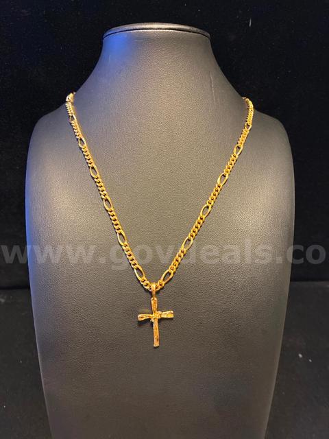 Dainty, 19” Figaro Necklace W/ Cross Pendant 24K Real Gold Filled.