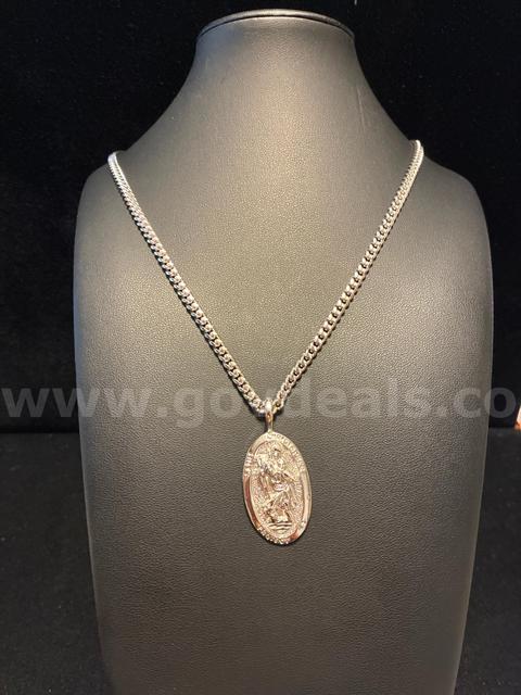 Gorgeous, Rhodium Clad (Silver) 22” Cuban Link Necklace W/ Saint Christopher Pendant.