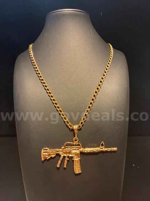 Gorgeous, 24k Gold Filled, 25” Small Curb Link Necklace W/ Rifle Pendant . USE BUY NOW FREE SHIP!!