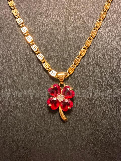 Elegant, 18” Roman Link Necklace W/ July Birthstone CZ Four-Leaf Clover Pendant, 24K Real Gold Filled.