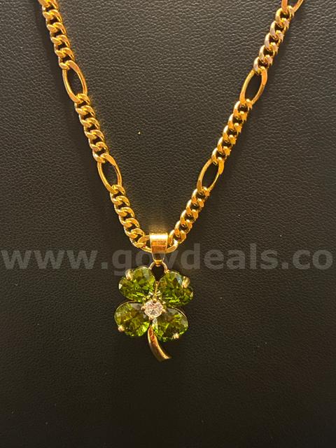 Elegant, 18” Figaro Necklace W/ August Birthstone CZ Four-Leaf Clover Pendant, 24K Real Gold Filled.