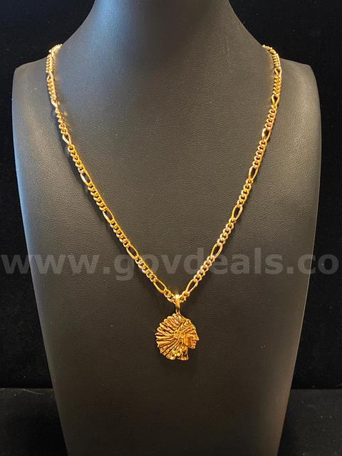 Gorgeous, 20”, Small Figaro Chain Necklace W/ Chief Pendant, 24K Real Gold Filled.