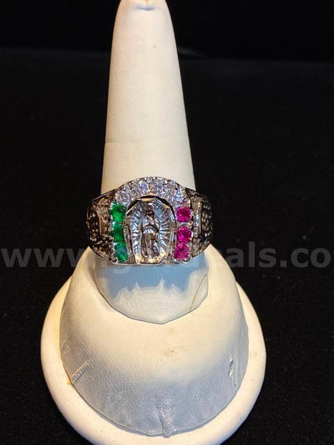 Gorgeous, Men’s, Size 12.5  Rhodium Clad (Silver), Ruby and Emerald CZ, Lady of Guadalupe Ring.