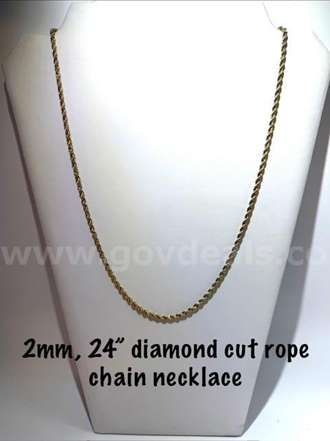 Beautiful, 24 Inch, 2MM, 24k Gold Filled, Diamond Cut Rope Chain Necklace