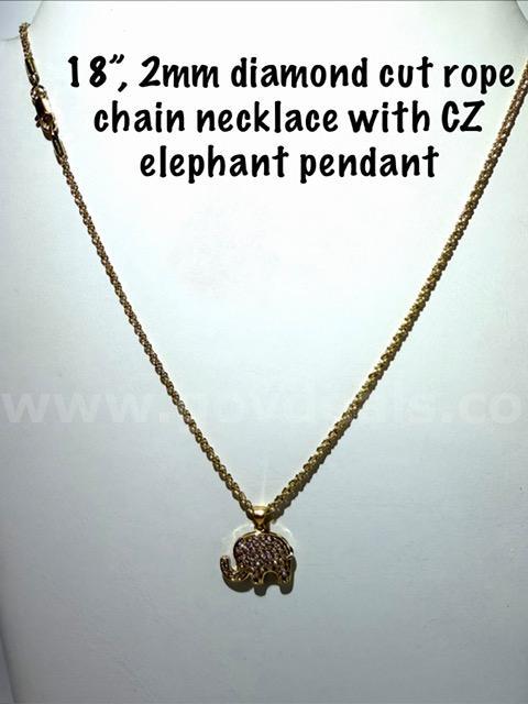 Gorgeous, 1MM, 18”, 24k Gold Filled, Diamond Cut Rope Chain Necklace W/CZ Elephant Pendant