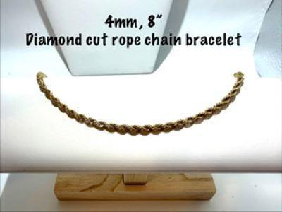 Attractive, 4MM, 8 Inch, 24k Gold Filled, Diamond Cut Rope Chain Bracelet