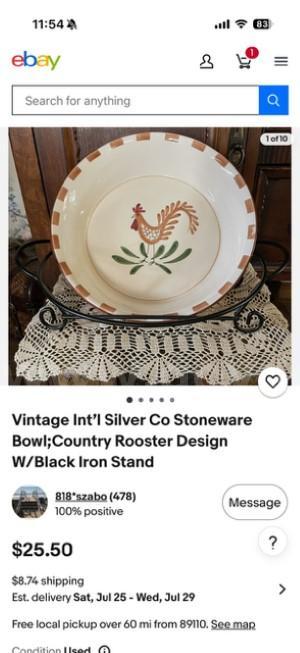 Vintage, International Stoneware Rooster Platter/Bowl W/Black Iron Stand