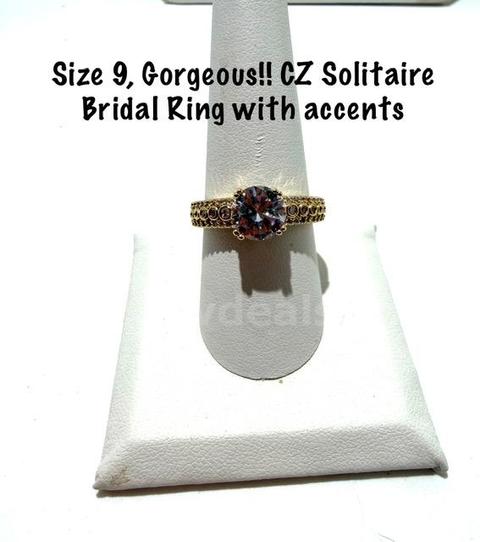 Gorgeous, Ladies, Size 9, 24k Gold Filled, CZ, Solitaire Bridal Ring W/Accents