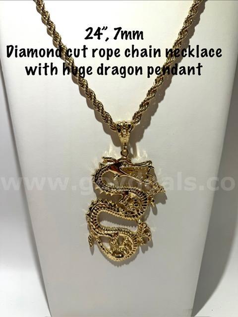 24 inch, 7MM, 24k Gold Filled, Diamond Cut Rope Chain Necklace, W/Large Dragon Pendant