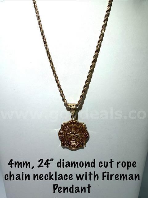 Beautiful, 24 “, 4MM, 24k Gold Filled, Diamond Cut Rope Chain Necklace W/Fireman Pendant