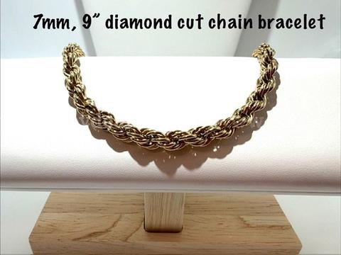 7MM, 9 Inch, 24k Gold Filled, Diamond Cut Rope Chain Bracelet