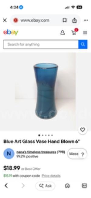 Blue Art Glass Vase, Hand Blown