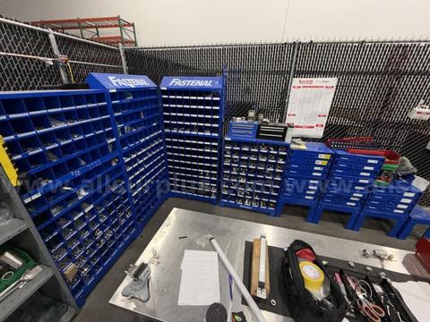 Fasteners, Drill Bits, Connectors, and Fittings, Fastenal Storage Bins and Organization System, Qty 8 Shelfs and Content