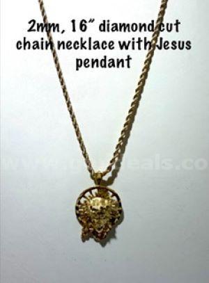 Stunning, Jesus Pendant, W/2MM, 16 Inch, 24k Gold Filled, Diamond Cut Rope Chain Necklace W/