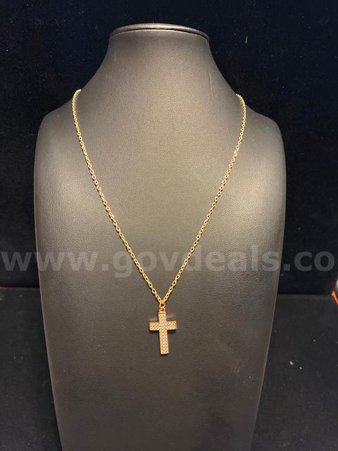 Casual, Ladies, Gold, Micro Pave CZ Cross Pendant W/ 20” Necklace.