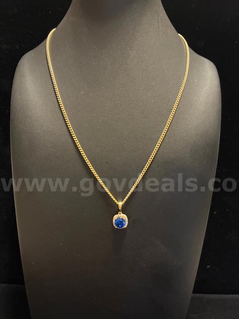 Casual, Ladies, 14K Gold Filled, Blue Sapphire Round CZ Square Pendant W/ 18” Necklace.
