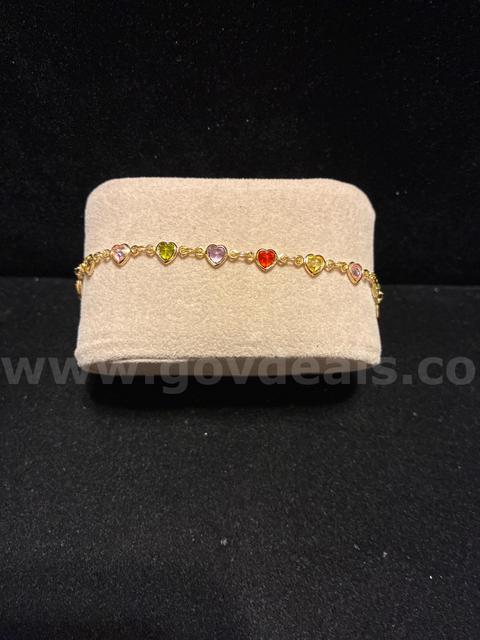 Dainty, Ladies, 7inch, 18K Gold Filled, Multicolor, CZ Heart Bracelet.