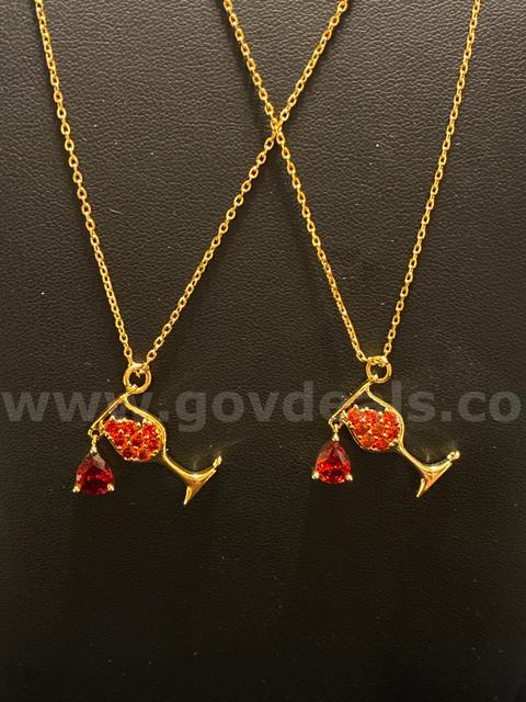 (2) Ladies, 24K Gold Filled, CZ Red Wine Pendant W/ 17.7 “ + 2” Necklace.